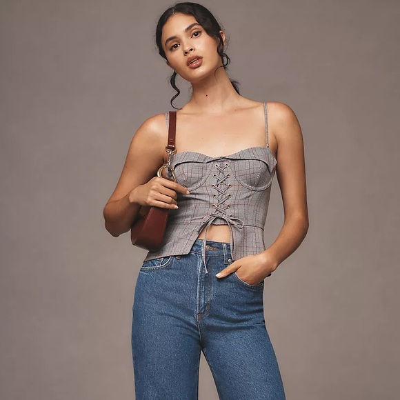 Anthropologie Plaid Lace Corset Top - Picture 6 of 7